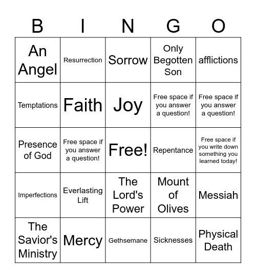 The Atonement Bingo Card