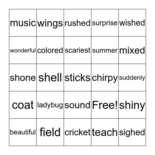 Word Grid - "The Ladybug and the Cricket" Bingo Card