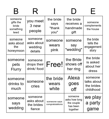 Bridal Shower Bingo Card