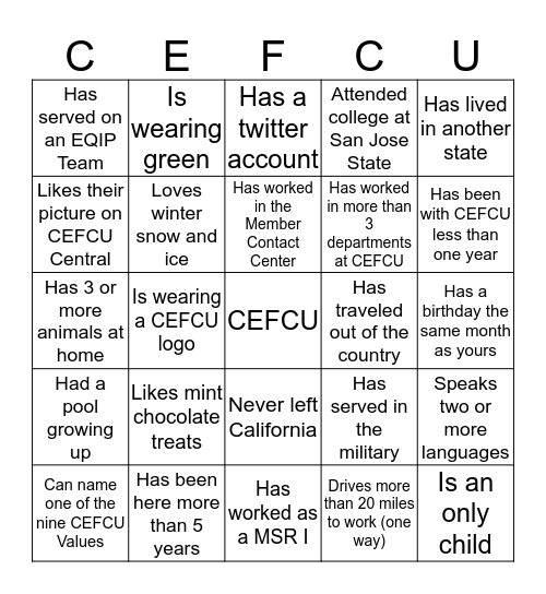 CEFCU Bingo Card