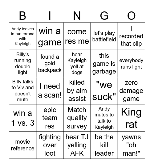 Counsin Game Night X Bingo Card