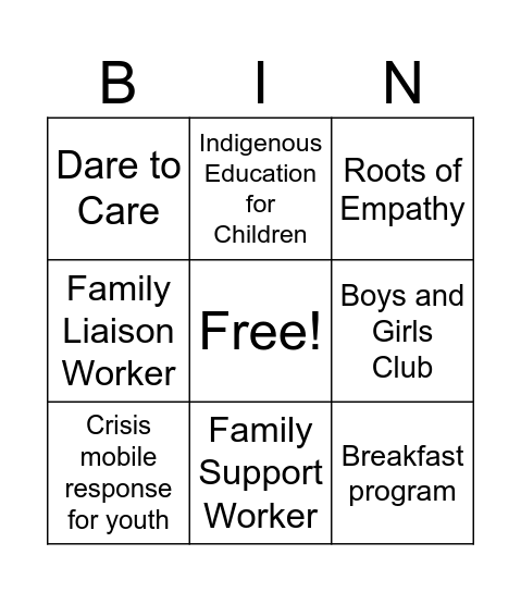 Childhood Programs Bingo Card