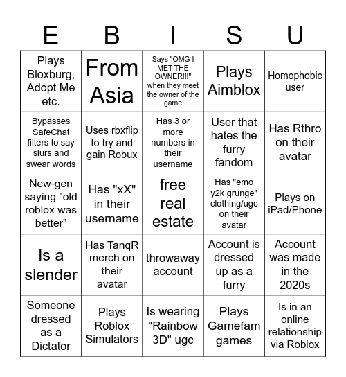 ebisu's Roblox User Bingo Card