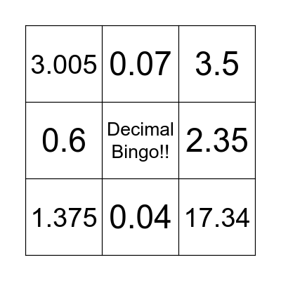 Decimal Bingo Card