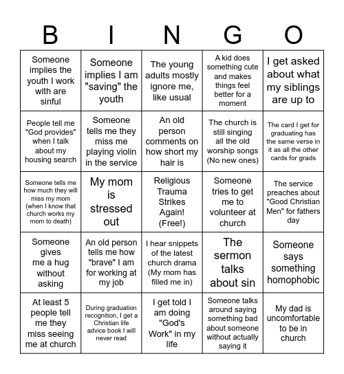 My Mom Is Forcing Me to Go To Church Bingo Card