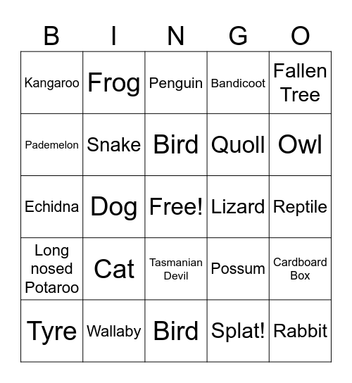 Roadkill Bingo Card