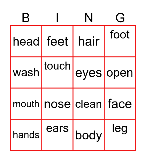 Part of body Bingo Card