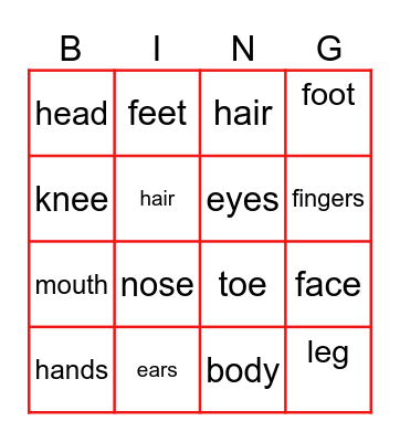 Part of body Bingo Card
