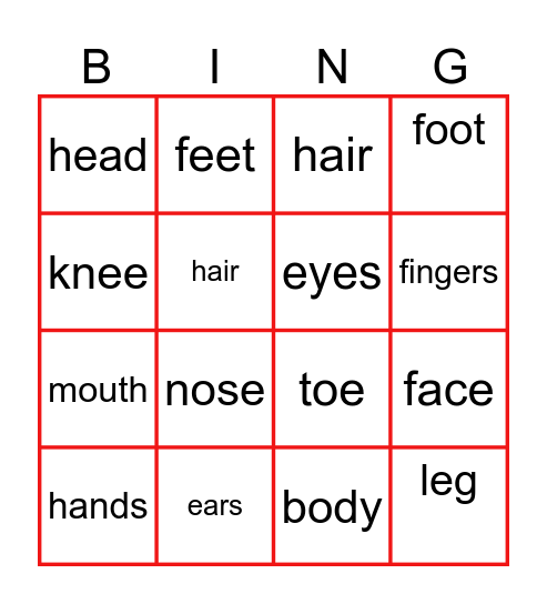 Part of body Bingo Card