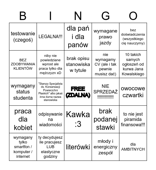OLX Praca Bingo Card