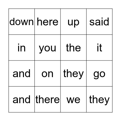 Sight Words Bingo Card