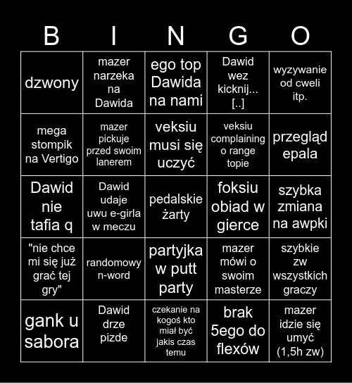 BINGO MEGA MOCNYCH GEJÓW Bingo Card