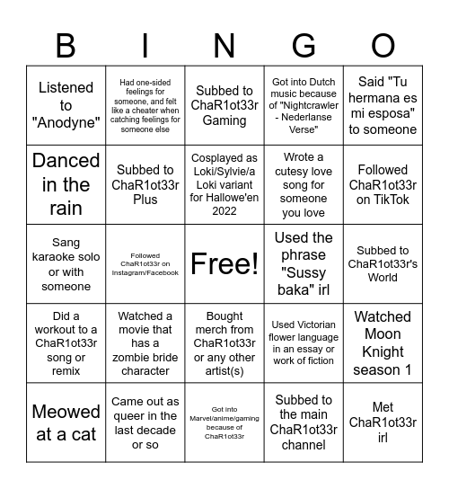 ChaR1ot33r Oomfies "I Did That" Bingo (2023 Edition) Bingo Card