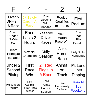 Formula 1 2023 Bingo Card