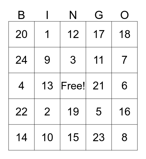 NUMBER BINGO Card
