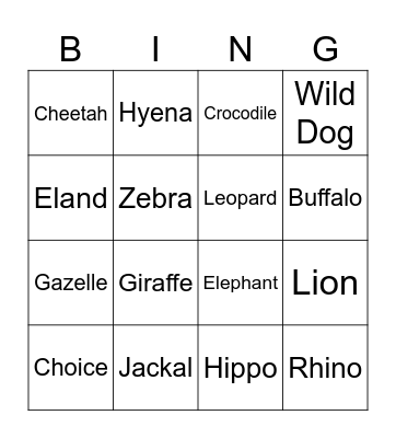 Safari Bingo Card