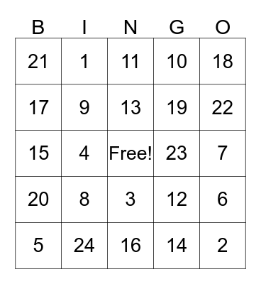 NUMBER BINGO Card