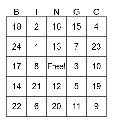 NUMBER BINGO Card