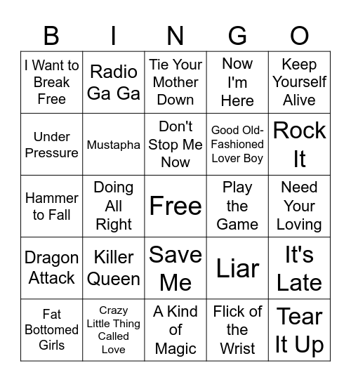 Queen Songs in Good Omens S2 Bingo Card