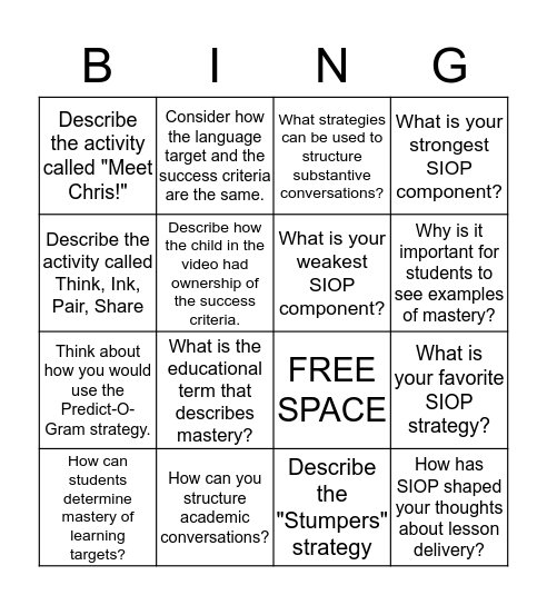 SIOP Bingo! Bingo Card