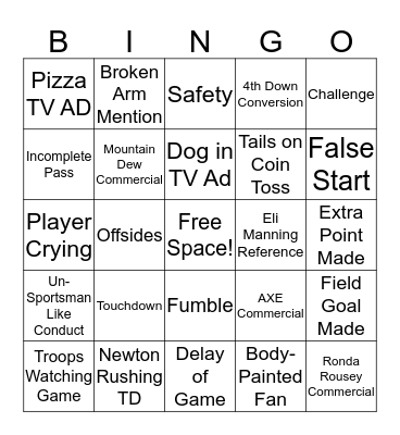 Superbowl 50 Bingo Card