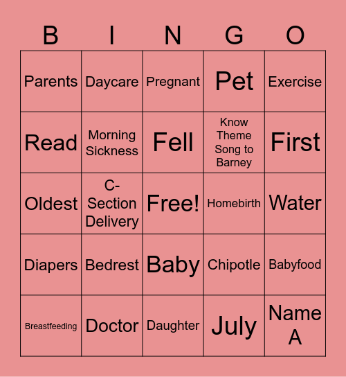 George & Tionee Virtual Baby Shower Bingo Card