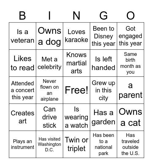 Get To Know You Bingo Card