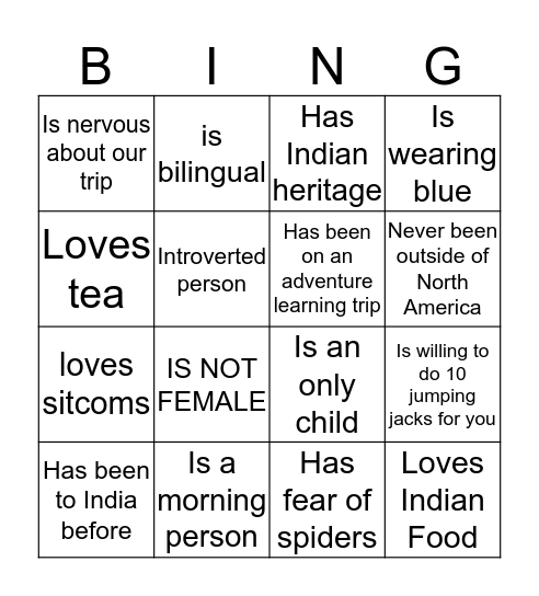 INDIA BINGO  Bingo Card