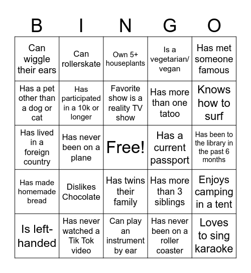 Team Building Bingo Card