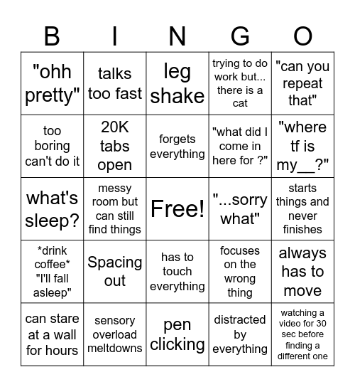 ADHD Bingo Card