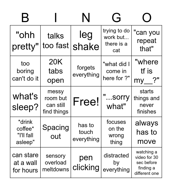 ADHD Bingo Card