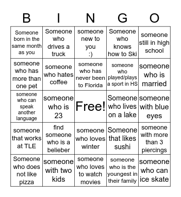 Get To Know you Bingo! Bingo Card