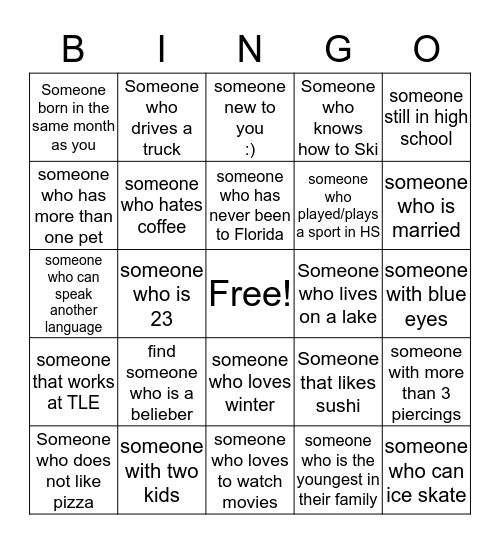 Get To Know you Bingo! Bingo Card