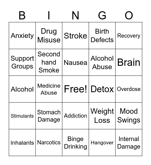 ADDICTION & RECOVERY Bingo Card