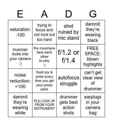 Music Photographer Bingo Card
