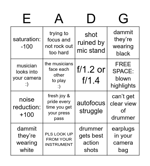Music Photographer Bingo Card