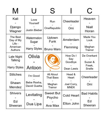 Pop Music Bingo Card