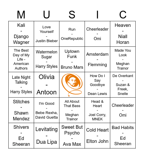 Pop Music Bingo Card