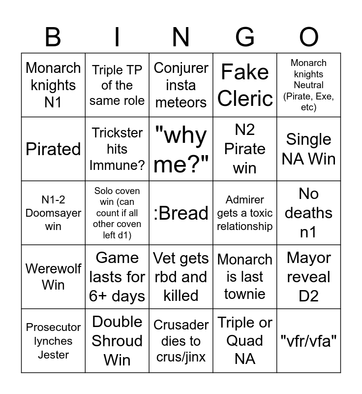 Town of Salem 2 BINGO BOARD Bingo Card