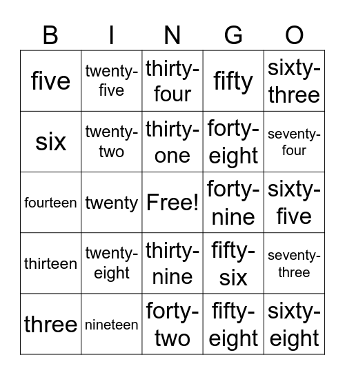 Number Vocabulary 1-75 Bingo Card