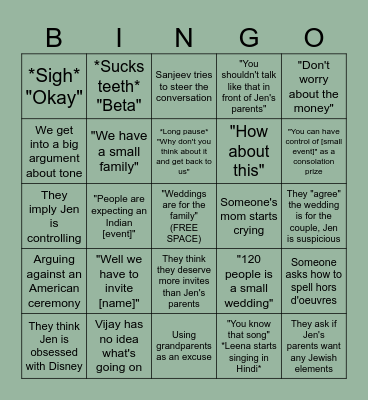 Wedding Conversation Bingo Card
