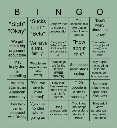 Wedding Conversation Bingo Card