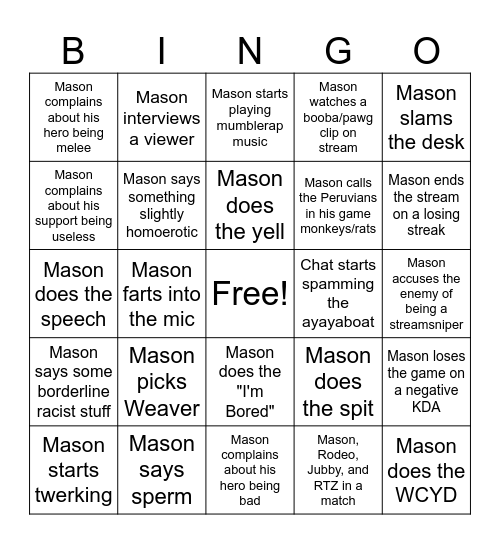 The Mason Streaming Experience Bingo Card