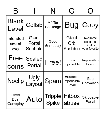 Recent Tab Bingo (Geometry Dash) Bingo Card