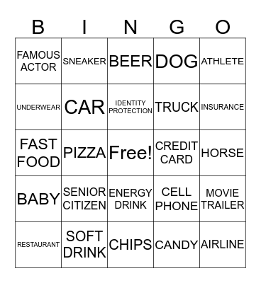 SUPER BOWL COMMERCIALS  Bingo Card