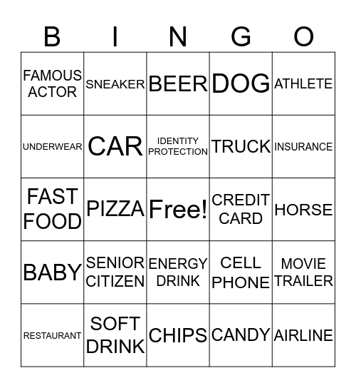 SUPER BOWL COMMERCIALS  Bingo Card