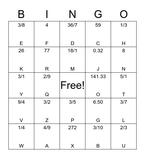 Ratio Bingo Card