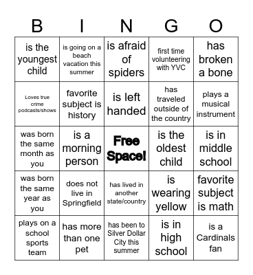 YVC SUMMER BINGO Card