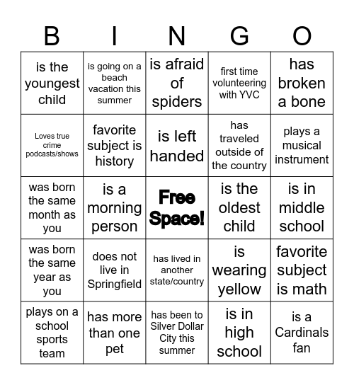 YVC SUMMER BINGO Card