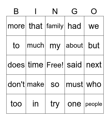 Fastbridge Sight Word Bingo #1 Bingo Card